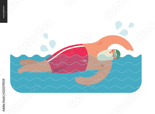 Sporting Santa - pool swimming - modern flat vector concept illustration of cheerful Santa Claus swimming the breaststroke in the pool, wearing swimming trunks and green cap, xmas gym fitness activity