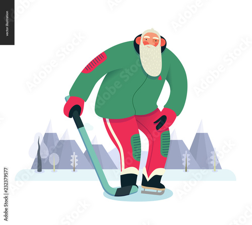 Sporting Santa - ice hockey -modern flat vector concept illustration of cheerful Santa Claus standing on the ice, wearing hockey equipment, skates with a stick, winter landscape, xmas outdoor activity