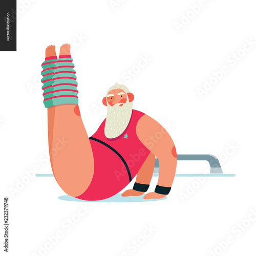 Sporting Santa -aerobics -modern flat vector concept illustration of cheerful Santa Claus doing aerobic exercises in the gym, wearing red gymnastic suit and leg warmers, xmas fitness activity