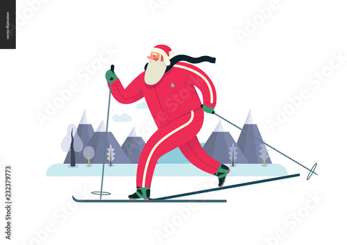 Sporting Santa - winter ski running - modern flat vector concept illustration of cheerful Santa Claus been skiing outside, wearing red tracksuit, winter landscape, xmas outdoor activity