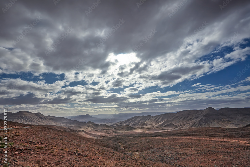 Landscape with road and mountains in the Zagora region, Morocco