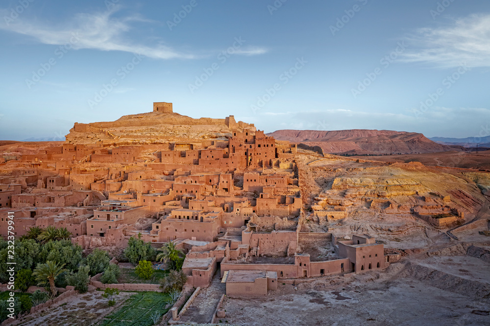 Morocco - Draa-Tafilalet - Ancient fortress (ksar) Ait Benhaddou between desert and mountains, UNESCO world heritage site