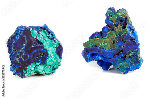 Macro mineral stone malachite with azurite on white background