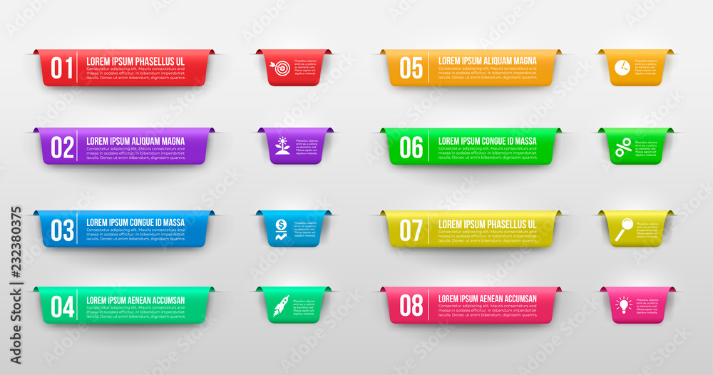 Set of Infographic banners. Color labels with steps and options. Banner label layout with numbers 1, 2, 3, 4, 5, 6, 7, 8. Vector illustration. Isolated on white background. Set of Infographic banners. Color labels with steps and options. Banner label layout with numbers 1, 2, 3, 4, 5, 6, 7, 8. Vector illustration. Isolated on white background.