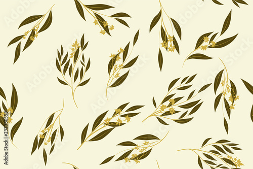 Autumn Seamless Pattern with Eucalyptus Leaves. Foliage Natural Branches. Decorative Background in Vintage Style. Seamless Eucalyptus Pattern for Fabric  Textile  Wrapping Paper  Cloth  Dress  Print.