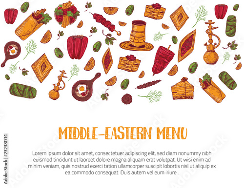 Modern sketch middle eastern menu banner sketch with Kebab, Dolma, Shakshuka, shisha. Freehand vector doodles isolated on dark background