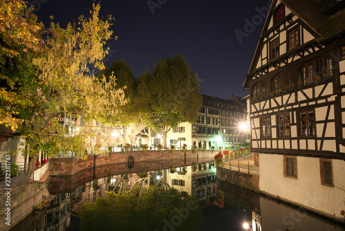 Strasbourg,France-October 13, 2018: Houses along Ill river in Strasbourg, France, early in the morning