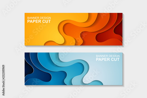 Set of horizontal banners in paper cut style. Banner design with abstract background. Paper cut vector illustration for banner, presentation, and invitation.