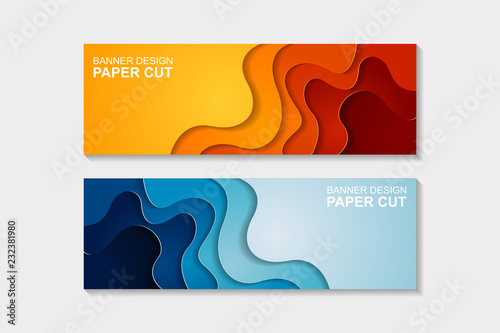 Set of horizontal banners in paper cut style. Banner design with abstract background. Paper cut vector illustration for banner, presentation, and invitation.