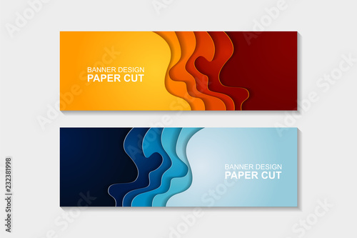 Set of horizontal banners in paper cut style. Banner design with abstract background. Paper cut vector illustration for banner, presentation, and invitation.