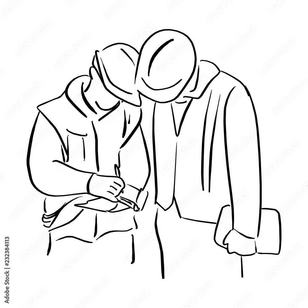 two engineer worker with hard hat looking a paper on hand vector illustration sketch doodle hand drawn with black lines isolated on white background two engineer worker with hard hat looking a paper on hand vector illustration sketch doodle hand drawn with black lines isolated on white background