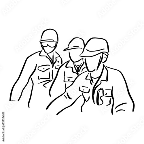 three engineer worker with hard hat vector illustration sketch doodle hand drawn with black lines isolated on white background