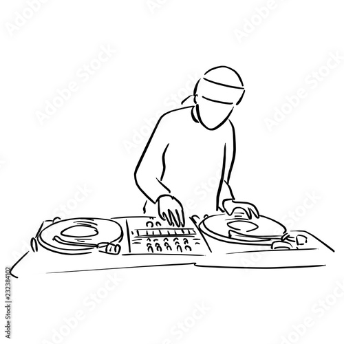 Disc jockey with the turntable dj plays scratching vinyl records and mix music tracks vector illustration sketch doodle hand drawn with black lines isolated on white background