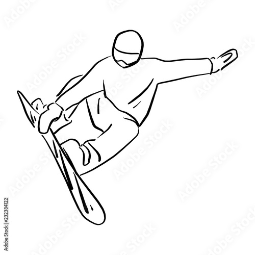Snowboarder jumping in the air vector illustration sketch doodle hand drawn with black lines isolated on white background. Winter extreme sport.