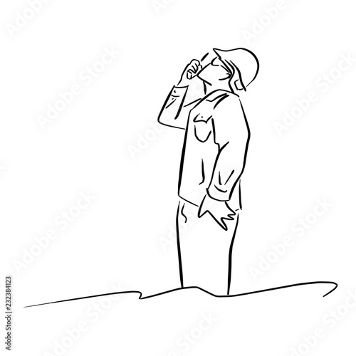 male engineer worker with hard hat using walkie talkie vector illustration sketch doodle hand drawn with black lines isolated on white background