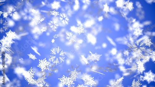 Christmas and new year's eve holidays background of white winter snowflake 3D render. Blurred snowflakes backgrounds.