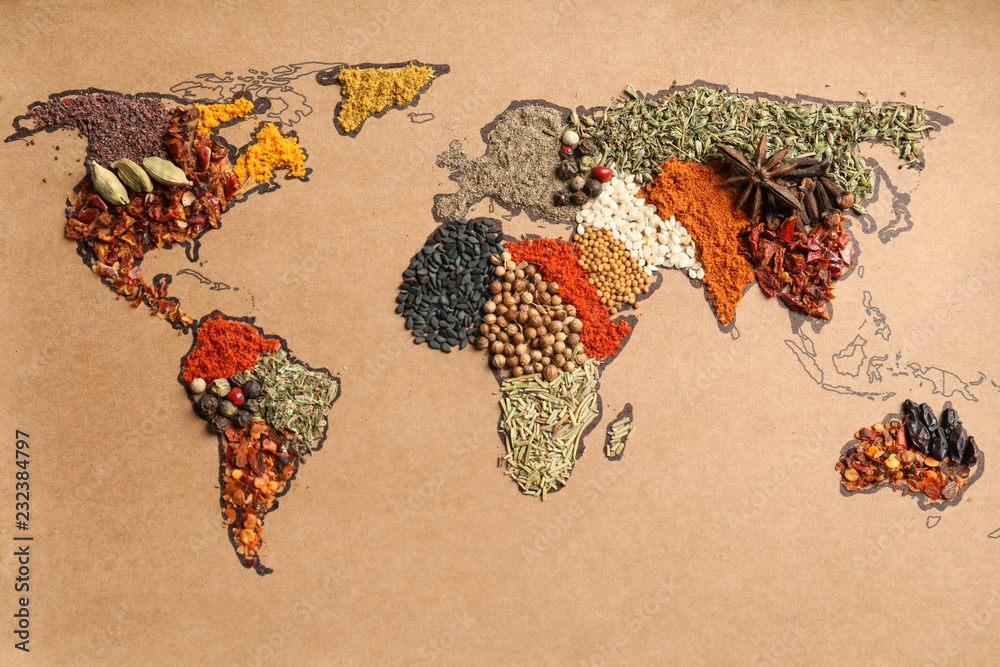 Paper with world map made of different aromatic spices as background, top view - obrazy, fototapety, plakaty 