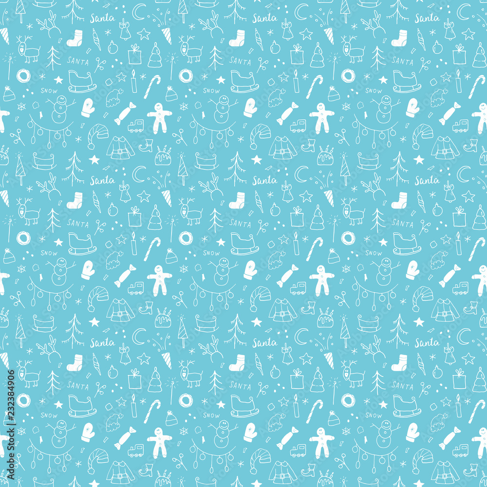 Fototapeta premium New Year and Christmas seamless pattern, hand drawn doodles Seamless Pattern. Background Vector Illustration