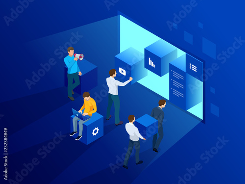 Isometric site creation concept. Webpage design and development, people are working on creating a website, applications, transferring information. Vector illustration