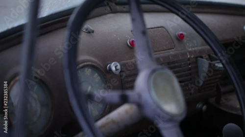 Interior dashboard of old rusty pick truck