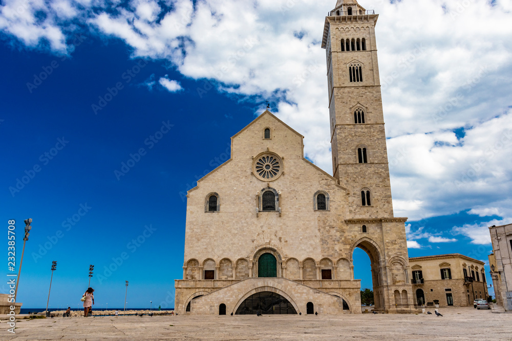 The beautiful Romanesque Cathedral Basilica of San Nicola Pellegrino, in Trani. Construction in limestone tuff stone, pink and white. A pointed arch under the bell tower. Italy, Puglia, Bari, Barletta