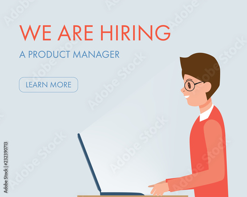 We are hiring concept banner. Business people character with a laptop.