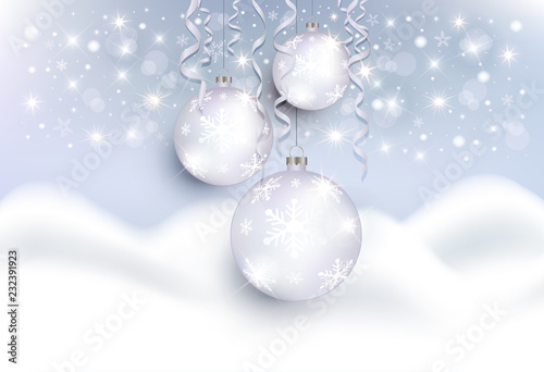 Christmas balls snowdrift white mountains background greeting card vector