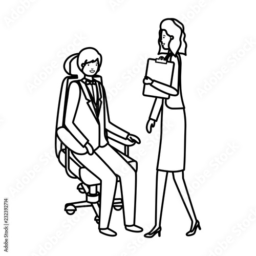 man sitting in office chair and woman standing