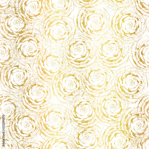 Abstract roses seamless vector background. Shiny gold foil flowers. Modern floral golden on white pattern for wallpaper, gift wrap, packaging, web banner, page fill, scrapbooking, paper, card, wedding