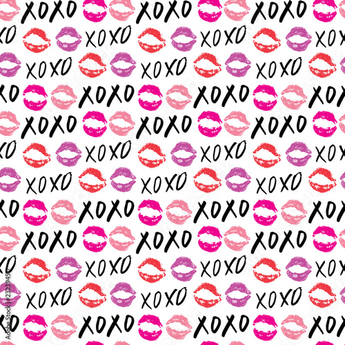 XOXO brush lettering signs seamless pattern, Grunge calligraphic hugs and kisses Phrase, Internet slang abbreviation XOXO symbols, vector illustration isolated on white background