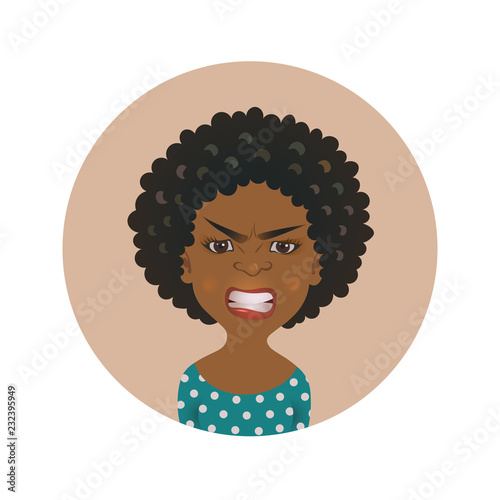 Afro American angry woman face avatar. African girl anger facial expression. Dark-skinned person in rage.