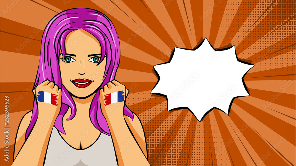 European woman paint hands of national flag France in pop art style illustration. Element of sport fan illustration for mobile and web apps European woman paint hands of national flag France in pop art style illustration. Element of sport fan illustration for mobile and web apps