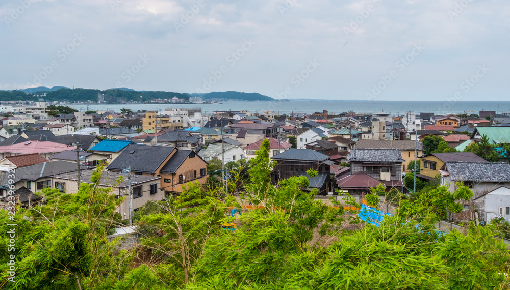 Wide angle view over the city and bay of Kamakura Japan