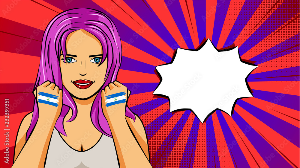 European woman paint hands of national flag Nicaragua in pop art style illustration. Element of sport fan illustration for mobile and web apps