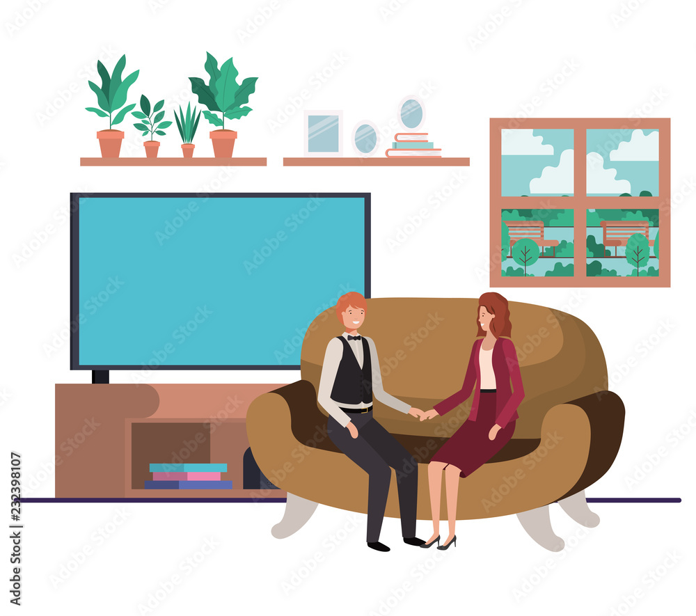 business couple sitting in livingroom avatar character