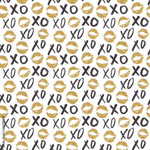 XOXO brush lettering signs seamless pattern, Grunge calligraphic hugs and kisses Phrase, Internet slang abbreviation XOXO symbols, vector illustration isolated on white background © saint_antonio