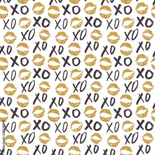 XOXO brush lettering signs seamless pattern, Grunge calligraphic hugs and kisses Phrase, Internet slang abbreviation XOXO symbols, vector illustration isolated on white background