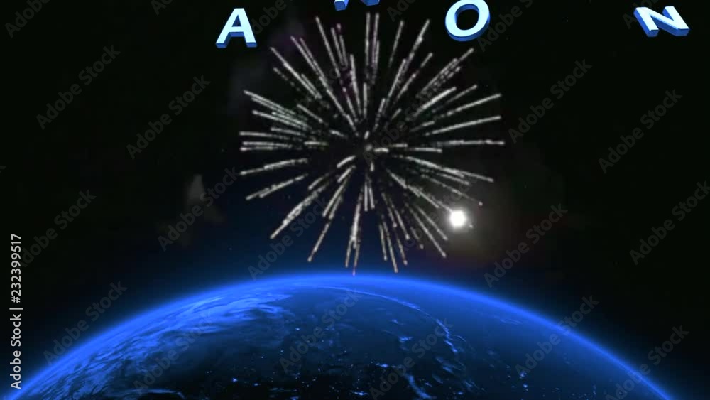 Background of animated planet earth with fireworks, modern with happy new year 2019 coming out in space, Abstract rendering with 3d titles. Slow camera in 4K.