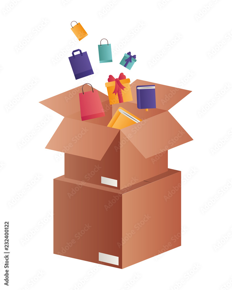 cardboard box with marketing icons cardboard box with marketing icons