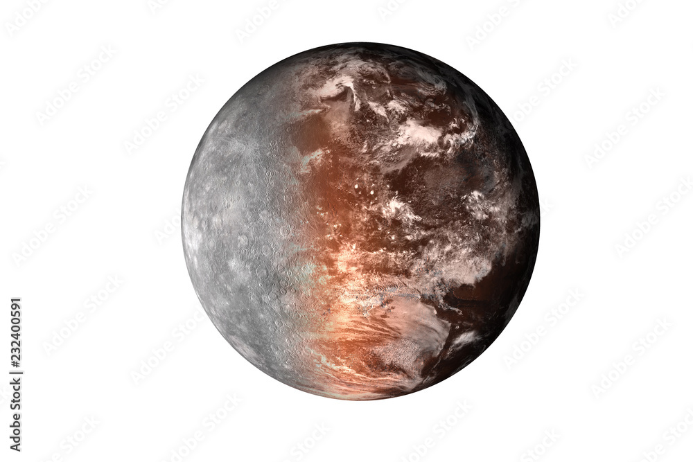 Naklejka premium Half planet mars with atmosphere with half mercury planet of solar system isolated on white background. Death of the planet. Elements of this image were furnished by NASA. For any purprose use.