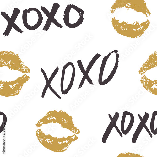 XOXO brush lettering signs seamless pattern, Grunge calligraphic hugs and kisses Phrase, Internet slang abbreviation XOXO symbols, vector illustration isolated on white background