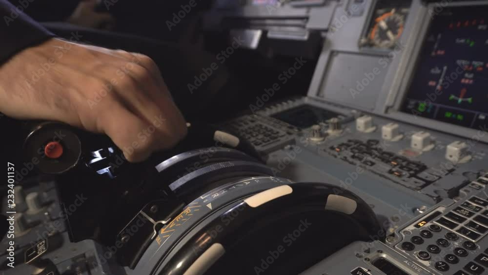 The cockpit of the aircraft. The pilot checks the aircraft engines before takeoff. Preparation of passenger airliner for takeoff. The pilot adjusts the autopilot. 4k The cockpit of the aircraft. The pilot checks the aircraft engines before takeoff. Preparation of passenger airliner for takeoff. The pilot adjusts the autopilot. 4k