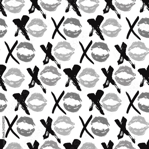 XOXO brush lettering signs seamless pattern, Grunge calligraphic hugs and kisses Phrase, Internet slang abbreviation XOXO symbols, vector illustration isolated on white background