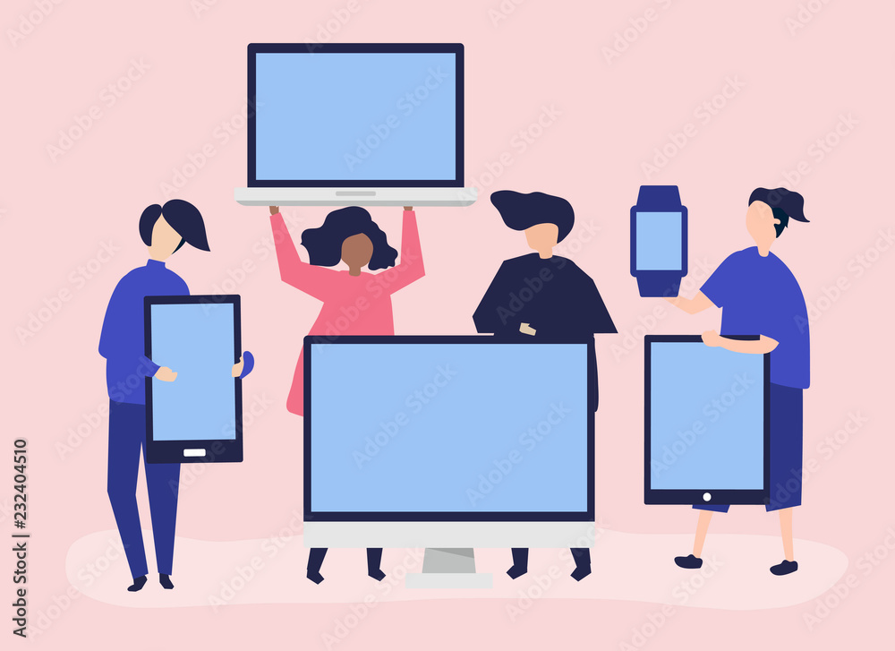 Character illustration of people with different digital devices Character illustration of people with different digital devices