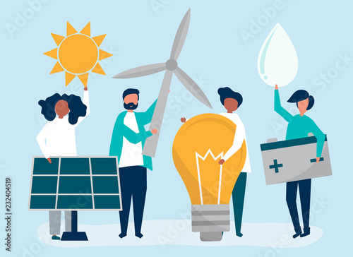 Characters of people holding green energy icons