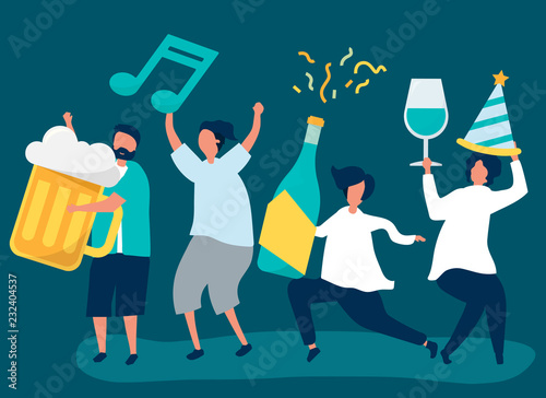 Friends partying and drinking different beverages