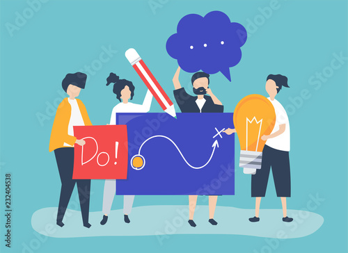 Character illustration of people holding creative ideas icons