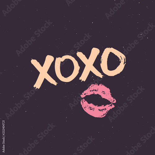 XOXO brush lettering sign, Grunge calligraphic hugs and kisses Phrase, Internet slang abbreviation XOXO symbols, vector illustration