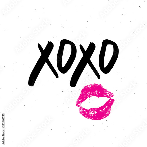 XOXO brush lettering sign, Grunge calligraphic hugs and kisses Phrase, Internet slang abbreviation XOXO symbols, vector illustration isolated on white background