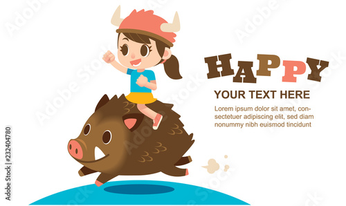 Vector cute girl character riding on a wild boar for greeting card